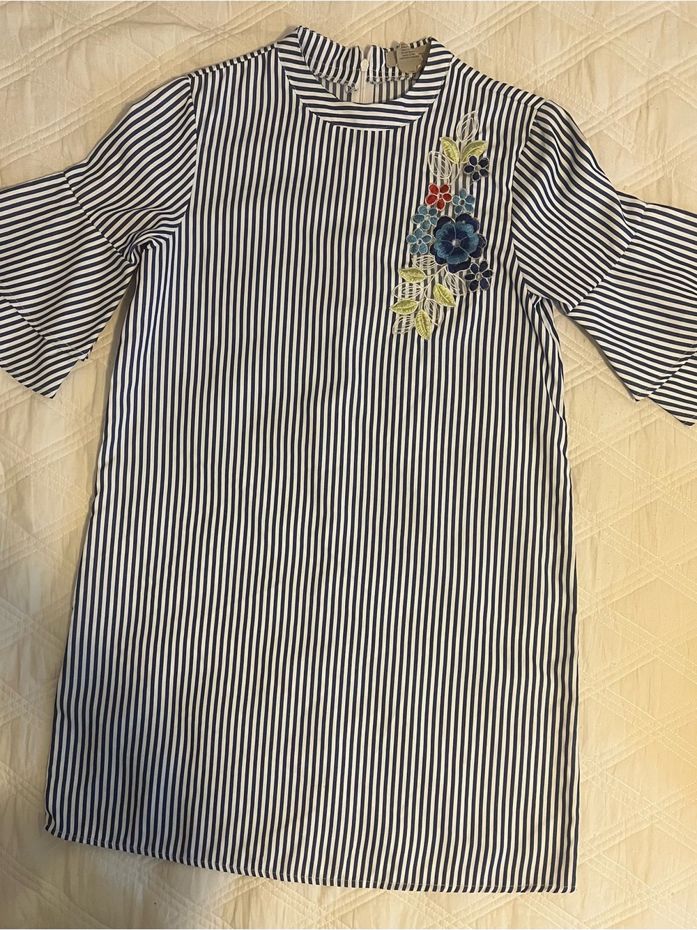 Passport Navy and White Striped Dress with Multicolored Floral Embroidery